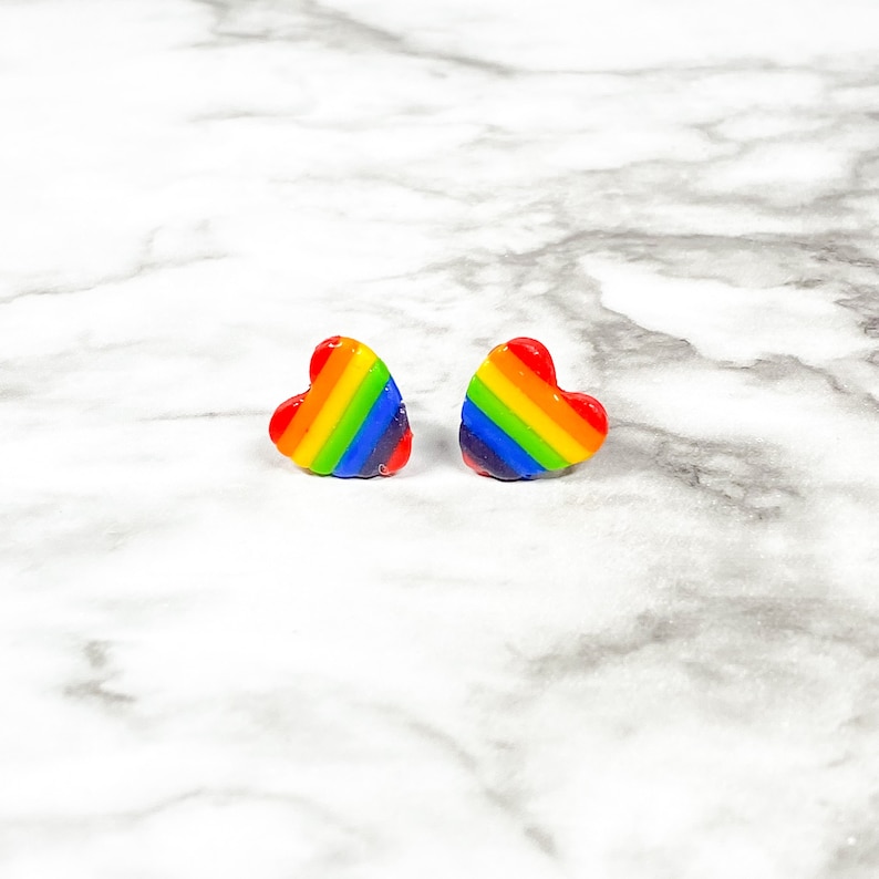 Pride earrings, rainbow heart studs, gay pride earrings, multicolor earrings, lgbt earrings, novelty earrings, rainbow studs, polymer clay image 1