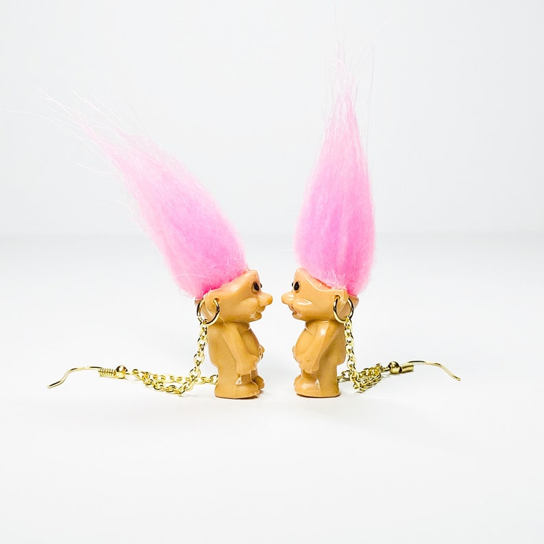 Mini troll doll earrings, pink troll doll earrings, troll earrings, goblincore, 90s earrings, 90s jewelry, toy earrings, cottagecore image 3