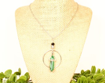 Crystal necklace, gemstone necklace, crystal point pendant, malachite necklace, green stone necklace, Malachite pendant, long necklace