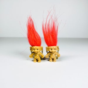Mini troll doll earrings, coral, troll doll earrings, troll earrings, goblincore, 90s earrings, 90s jewelry, toy earrings, cottagecore