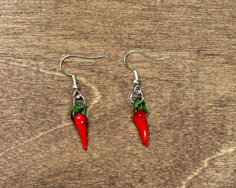 chili pepper earrings glass earrings, small earrings, red pepper, chili pepper, food earrings, pepper earrings, food jewelry, peppers image 4
