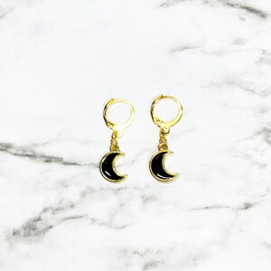 Crescent moon earrings, resin earrings, resin moon earrings, black moon earrings, gold moon earrings, space earrings, huggie earrings