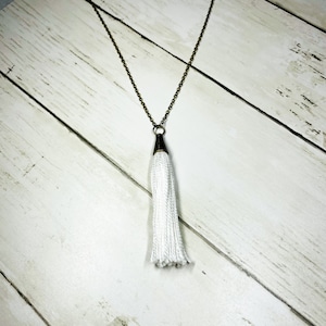 long tassel necklace, bright white, white tassel, long, tassel necklace, tassel, tassel pendant, boho, trendy, bronze, long, layering
