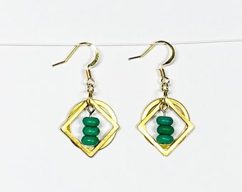 Brass geometric earrings, beaded earrings, brass drop earrings, brass earrings, brass charm earrings, gold geometric earrings, gold drop