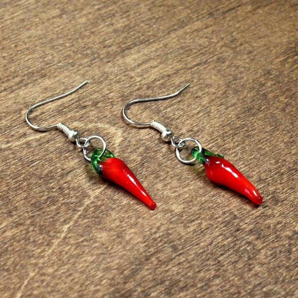 chili pepper earrings - glass earrings, small earrings, red pepper, chili pepper, food earrings, pepper earrings, food jewelry, peppers