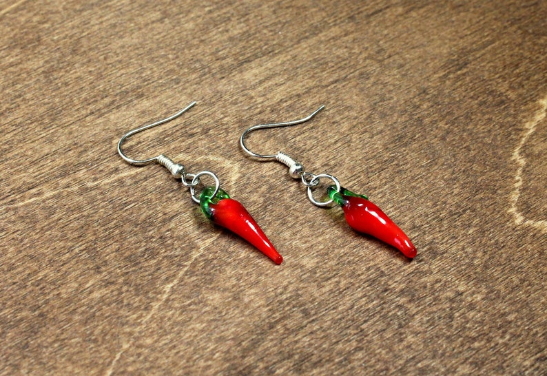 chili pepper earrings glass earrings, small earrings, red pepper, chili pepper, food earrings, pepper earrings, food jewelry, peppers image 1