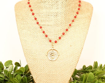 Gold coin necklace, medallion necklace, beaded chain necklace, gold layering necklace, red beaded necklace, stacking necklace, coin pendant