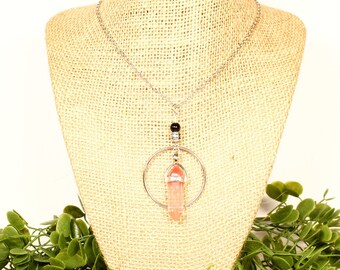 Crystal necklace, gemstone necklace, crystal point pendant, pink stone necklace, pink pendant necklace, pink gemstone pendant, long necklace