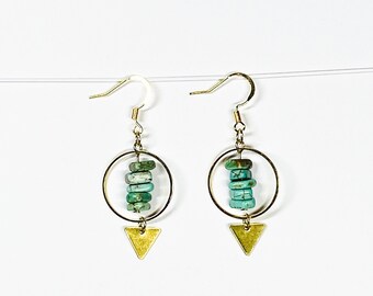 Brass geometric earrings, turquoise earrings, brass drop earrings, brass earrings, brass charm earrings, gold drop earrings, geometric