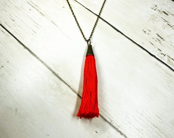 long tassel necklace, orange tassel, bright orange, long, tassel necklace, tassel, tassel pendant, boho, trendy, bronze, long, layering