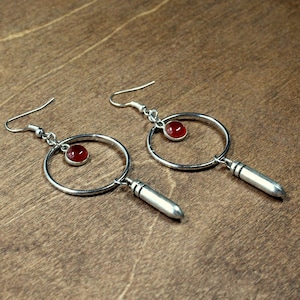 bullet ring drop earrings - earrings, orange, silver, silver earrings, silver bullet, silver bullet earrings, drop earrings, bullet, boho