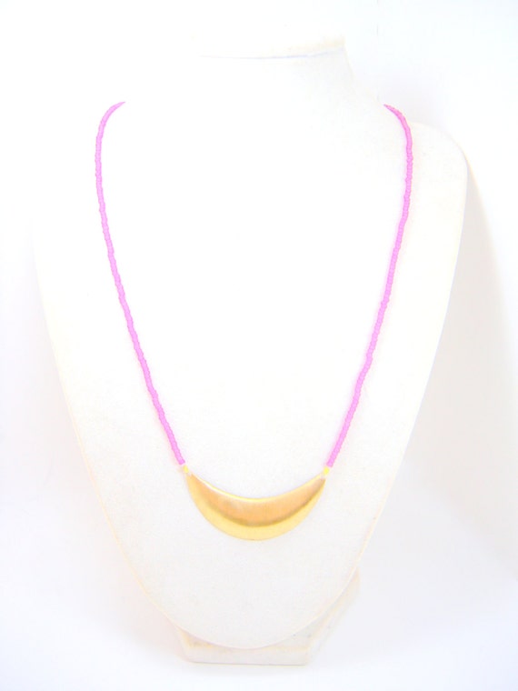 purple beaded crescent necklace - crescent necklace,  brass crescent, charm necklace, purple necklace, beaded necklace, beaded jewelry