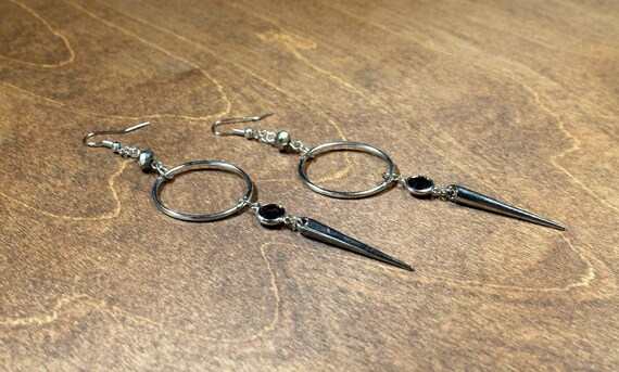Purple Pearl Bead & Silver Spike Long Dangly Drop Earrings | Handmade In Gift Bag