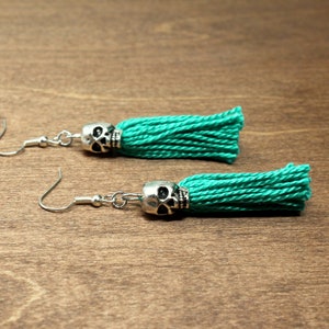 skull tassel earrings - teal, metal, skull, silver, teal tassel, teal earrings, tassel earrings, skull earrings, halloween, spooky, tassel