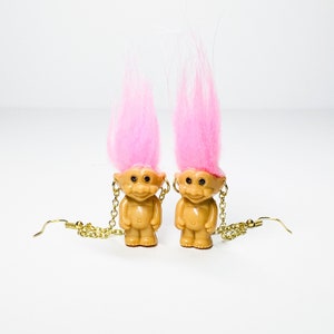 Mini troll doll earrings, pink troll doll earrings, troll earrings, goblincore, 90s earrings, 90s jewelry, toy earrings, cottagecore image 1