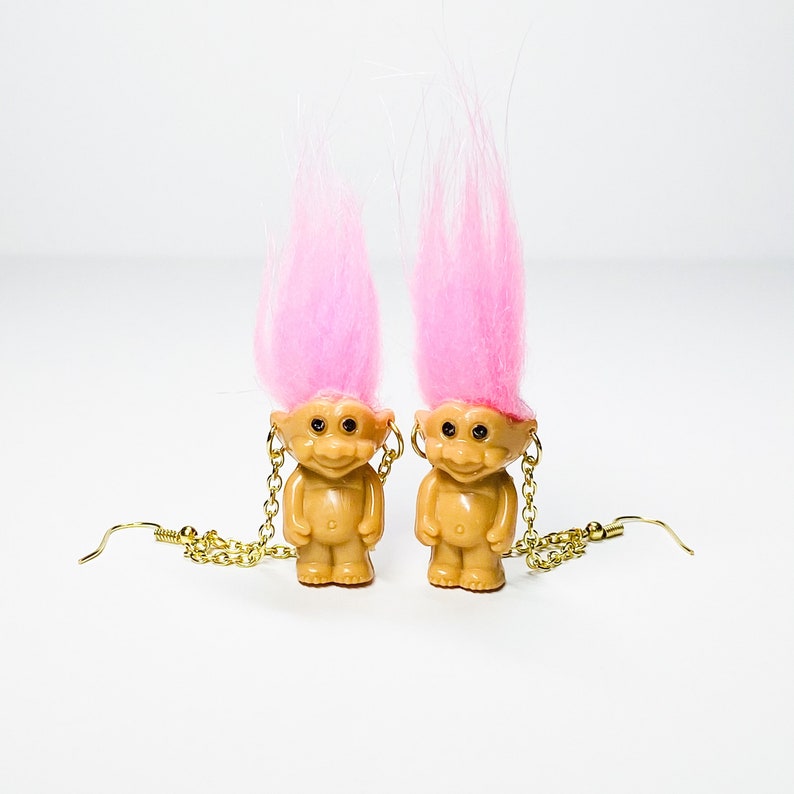 Mini troll doll earrings, pink troll doll earrings, troll earrings, goblincore, 90s earrings, 90s jewelry, toy earrings, cottagecore image 1