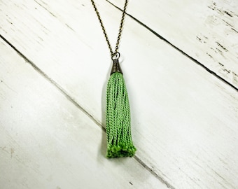 long tassel necklace, sage green, green tassel, long, tassel necklace, tassel, tassel pendant, boho, trendy, bronze, long, layering