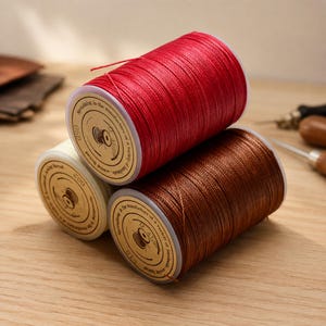 May include: Three cylindrical spools of sewing thread stacked together. The top spool is bright red, the bottom left is cream, and the bottom right is dark brown. Each spool features a circular label with text and a small graphic of a thread spool.