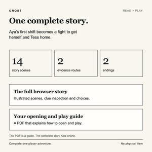 K&ouml;nnte beinhalten: Eine digitale Produktinformationskarte mit dem Titel ONQST One complete story. Sie beschreibt ein Einzelspieler-Abenteuer mit 14 Szenen, 2 Beweisrouten und 2 Enden. Sie enth&auml;lt eine Browser-Geschichte mit illustrierten Szenen und einen PDF-Spielratgeber.