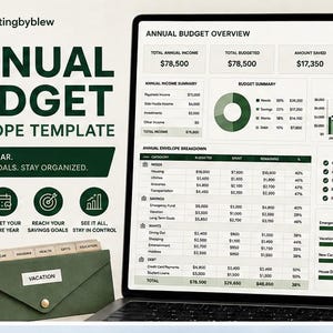 Può includere: Un modello di budget annuale a buste visualizzato sullo schermo di un computer portatile, con un dashboard finanziario dettagliato che include grafici, tabelle e riepiloghi dei redditi. Accanto al portatile si trova un organizzatore di buste verde.