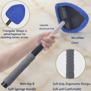 May include: A cleaning tool with a triangular head featuring a blue microfiber cover, an extendable aluminum pole, and a gray non-slip soft sponge handle. Text labels highlight the triangular shape, aluminum pole, and soft sponge handle.