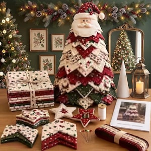 DIY Folded Fabric Christmas Tree Kit, Quilted Patchwork Cone Tree, Vintage Holiday Craft Kit, Santa Angel Reindeer Snowman Topper