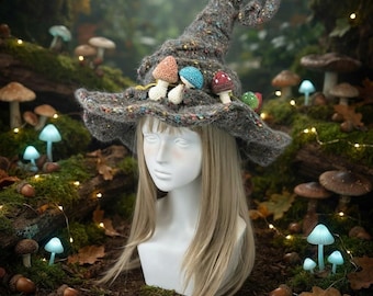 Mushroom Witch Hat, Cottagecore Fairy Witch Hat with Crochet Mushrooms, Fuzzy Knit Wizard Hat, Whimsical Forest Costume, Goblincore Gift