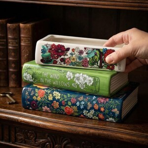 Ceramic Book Stack Vase, Book Planter, Alice in Wonderland Decor, Bookish Gift for Book Lovers, Cottagecore Dark Academia Shelf Decor