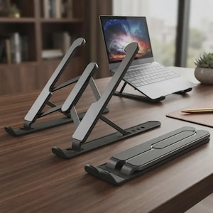Könnte beinhalten: Ein Set aus drei verstellbaren, dunkelgrauen Laptop-Ständern. Zwei Ständer befinden sich in einer offenen, erhöhten Position, wobei einer einen silbernen Laptop trägt. Der dritte Ständer ist flach zu einer kompakten, rechteckigen Form zusammengeklappt.