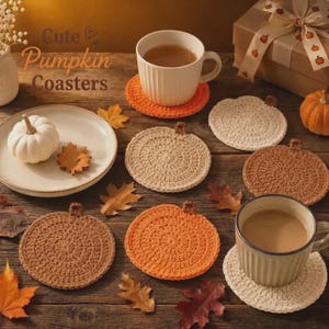 Op de afbeelding: Een collectie ronde, gehaakte pompoenonderzetters in tinten oranje, beige en bruin, elk met een klein steeltje. De set is uitgestald op een houten ondergrond naast twee mokken, een wit bord met een kleine pompoen en een geschenkdoos.