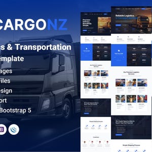 Puede incluir: Una presentación de producto digital para la plantilla HTML CARGONZ Logistics & Transportation, con un gráfico de camión, texto que enumera 05 páginas de inicio, 24 archivos HTML y Bootstrap 5, junto a vistas previas de diseño en azul y blanco.