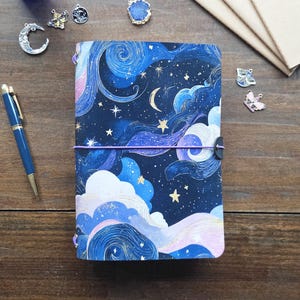 Handmade Traveler's Notebook Cover: Full-Color Printed Veg Tan Leather Celestial Journal, Custom Sizes, Personalized Charm