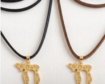 Gold Chai Pendant Necklace, Engraved Evil Eye, Hamsa, Star of David (Faux Suede Cord or Chain)