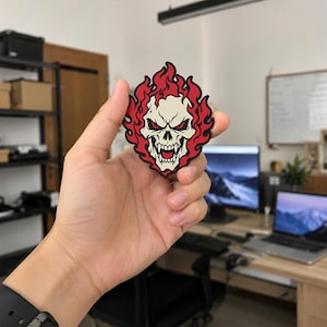 Flaming Skull PVC Patch – Red Flame Skeleton Rubber Emblem with Hook and Loop Backing