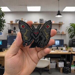 Parche gótico de polilla de PVC: emblema de criatura críptida oscura para mochilas y chaquetas.