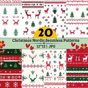 Könnte beinhalten: Eine Sammlung von 20 nahtlosen nordischen Weihnachtsmustern in Rot, Grün und Weiß. Die Designs zeigen pixelige Rentiere, Tannenbäume und Schneeflocken. Der Text lautet 20 Christmas Nordic Seamless Patterns 12*12 | JPG.