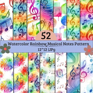 Peut inclure: Une collection numérique de 52 motifs de notes de musique arc-en-ciel à l'aquarelle au format JPG 12x12 pouces. Les designs présentent des symboles musicaux multicolores, des clés de sol et des portées sur des fonds aquarellés artistiques.