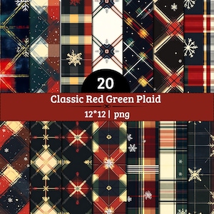 May include: A digital collection of 20 classic red and green plaid patterns featuring various snowflake designs and grid layouts. The image includes the text 20 Classic Red Green Plaid 12*12 | png displayed on a dark red horizontal banner.