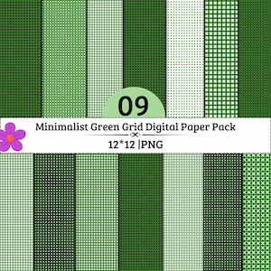 Digitalt papper med grönt rutnät | Scrapbookpapper med geometriska mönster | 9 PNG-designer