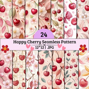 Op de afbeelding: Een digitale collectie van 24 naadloze patronen met kersmotieven, bloesems en strikken in tinten rood, roze en crème. De tekst luidt 24 Happy Cherry Seamless Pattern 12*12 JPG. Deze ontwerpen bevatten gingham-achtergronden en florale elementen.