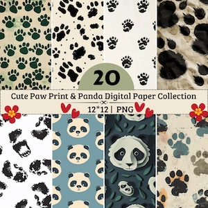 Paw Print Panda Digital Scrapbook Designs | Animal Footprint Patterns | 20 PNG Backgrounds