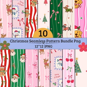May include: A digital collection of 10 Christmas seamless patterns featuring festive illustrations of reindeer, snowmen, gingerbread cookies, Santa Claus, dogs, Christmas trees, candy canes, and bows on striped and solid backgrounds with text.