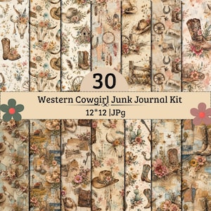 May include: A digital paper collection titled 30 Western Cowgirl Junk Journal Kit 12*12 | JPg, featuring patterns of cow skulls, cowboy boots, hats, horseshoes, dreamcatchers, cacti, and floral arrangements in a vintage, sepia-toned aesthetic.