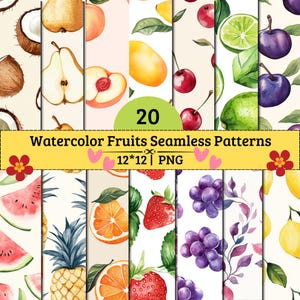 Puede incluir: Una colección digital de 20 patrones de frutas en acuarela sin costuras con ilustraciones de cocos, peras, melocotones, mangos, cerezas, limas, ciruelas, sandías, piñas, naranjas, fresas, uvas y limones con texto 12*12 PNG.