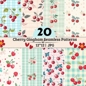 Puede incluir: Una colección digital de 20 patrones sin costuras con cerezas rojas, hojas verdes y fondos de cuadros vichy en varios colores. La imagen incluye el texto 20 Cherry Gingham Seamless Patterns 12*12 | JPG con iconos de corazones y flores.