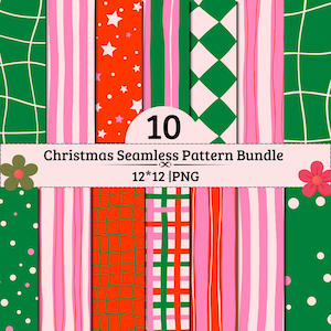 Sömlösa julmönster | Rosa grönt digitalt julpapperspaket | 10 PNG-bakgrunder | 12x12