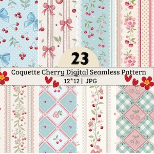 Pode incluir: Uma coleção de 23 padrões digitais sem costura com motivos de cereja, laços cor-de-rosa, bordas de renda e quadrados vichy em tons de azul, rosa e creme. O texto diz 23 Coquette Cherry Digital Seamless Pattern 12*12 | JPG.