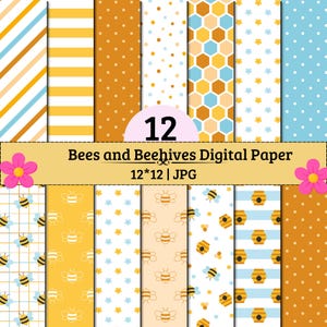 Peut inclure: Un ensemble de 12 papiers numériques à motifs d'abeilles, de ruches, de fleurs, de pois, de rayures et d'alvéoles hexagonales dans des tons jaune, orange, bleu et blanc, avec le texte 12 Bees and Beehives Digital Paper 12*12 JPG.