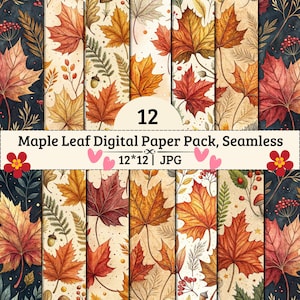 Puede incluir: Una colección de 12 papeles digitales sin costuras con hojas de arce, bellotas y bayas en colores otoñales rojo, naranja y amarillo sobre fondos crema y azul oscuro. El texto dice 12 Maple Leaf Digital Paper Pack, Seamless 12*12 JPG.