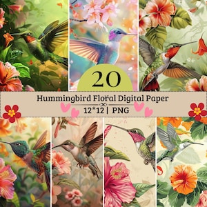 Może przedstawiać: Kolekcja papieru cyfrowego zawierająca 20 wzorów z kolibrami i kwiatami. Obraz przedstawia różne kolibry w locie otoczone kwiatami hibiskusa w odcieniach czerwieni, pomarańczu i różu. Tekst głosi 20 Hummingbird Floral Digital Paper 12*12 | PNG.